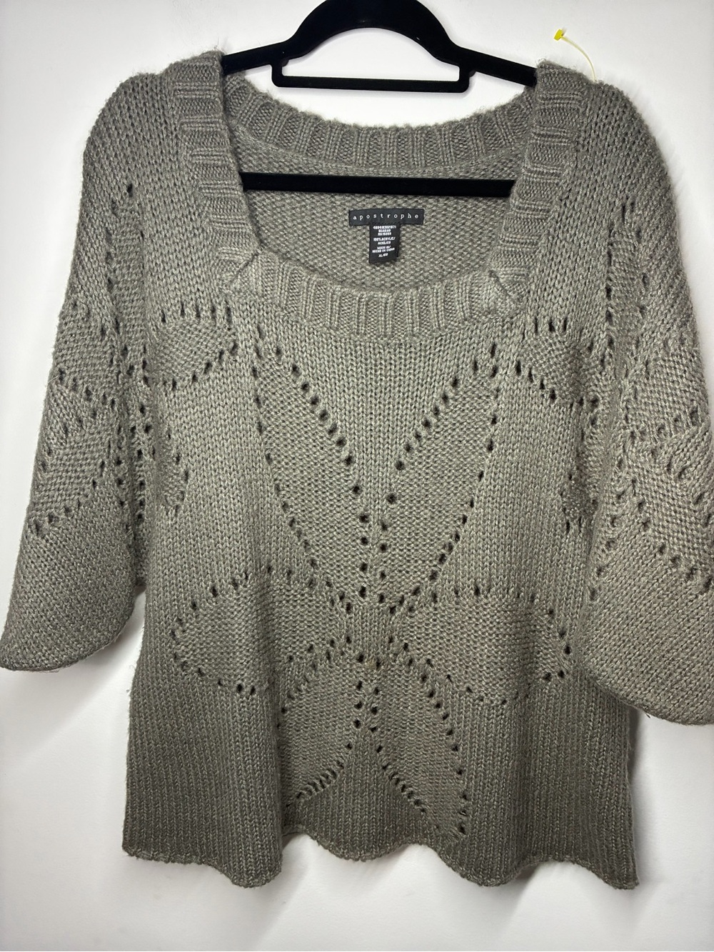 Apostrophe Grey Scoop Neck Open-Knit Floral Sweater